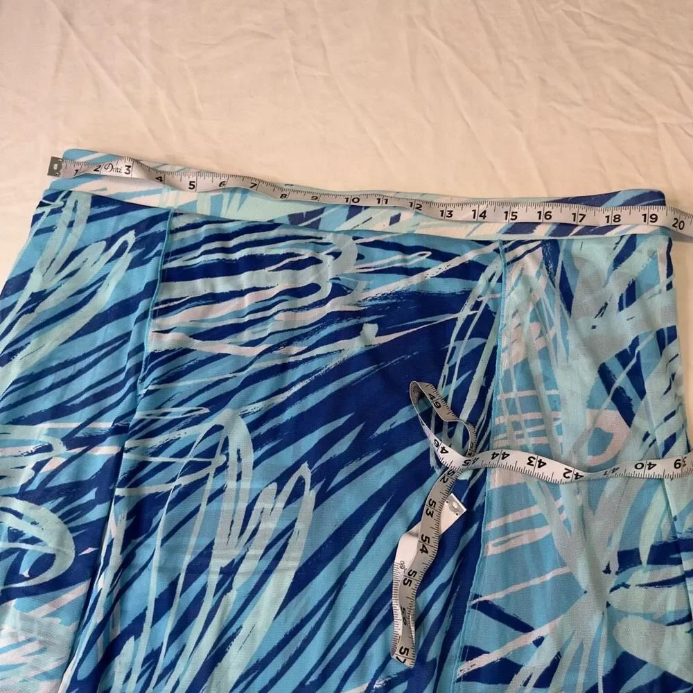 Chicos Blue Abstract Mesh Midi Skirt Asymmetrical Hem Womens XL Pull‎ On NWT